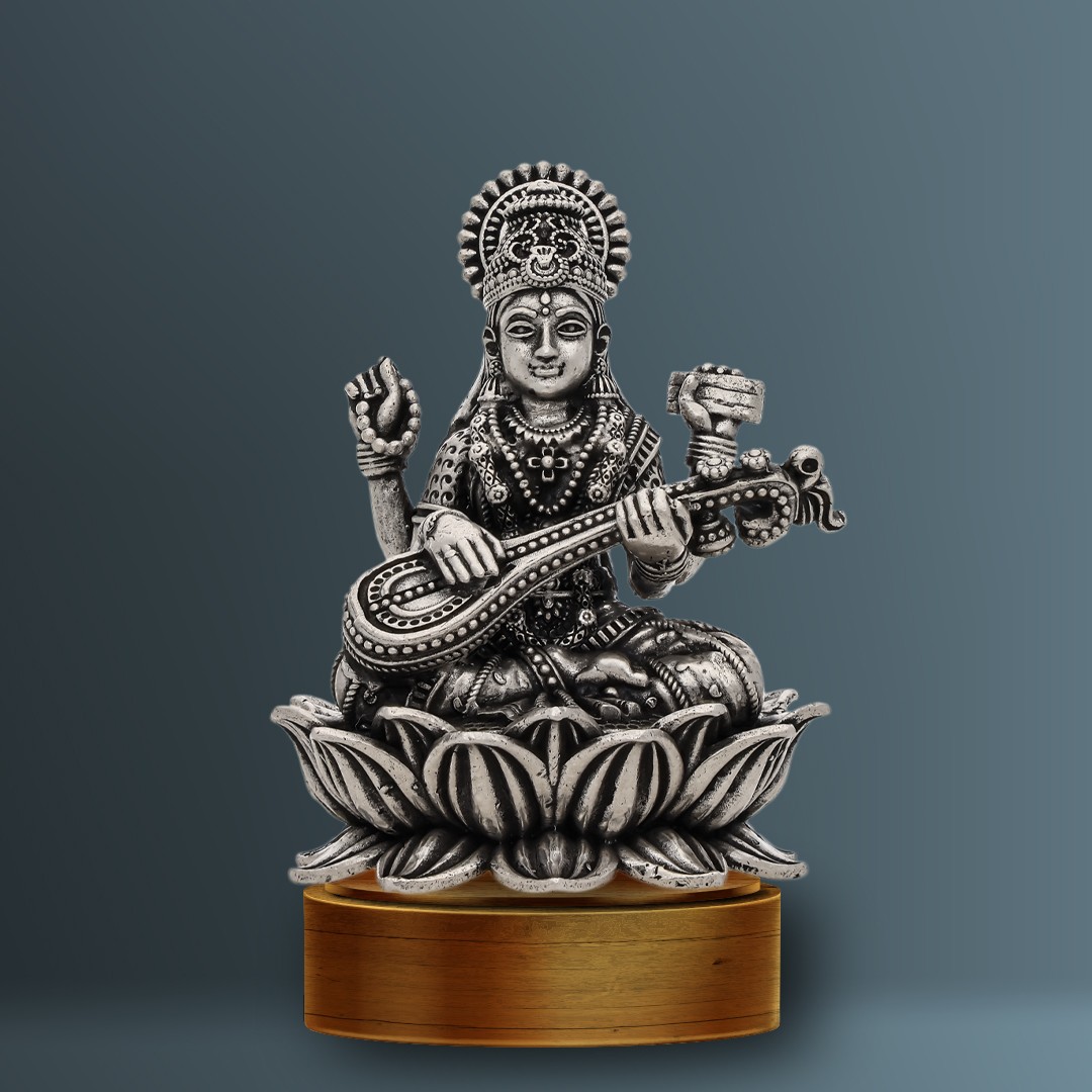 Lord Saraswati Silver Solid 3D Idol